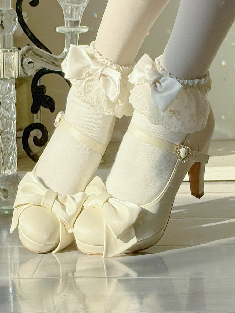 Elegant Creamy White Lolita Stilettos - Crystal Embellished Heart Buckle & Top Bow