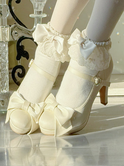 Elegant Creamy White Lolita Stilettos - Crystal Embellished Heart Buckle & Top Bow