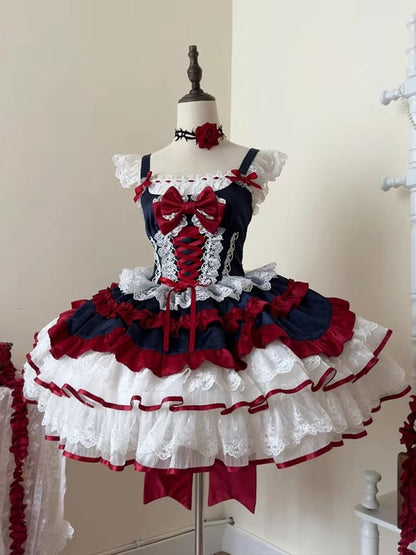 Dark Blue and Red Corset Waist Tiered Ruffle Skirt Sweet Lolita Dress Snow White Vibes