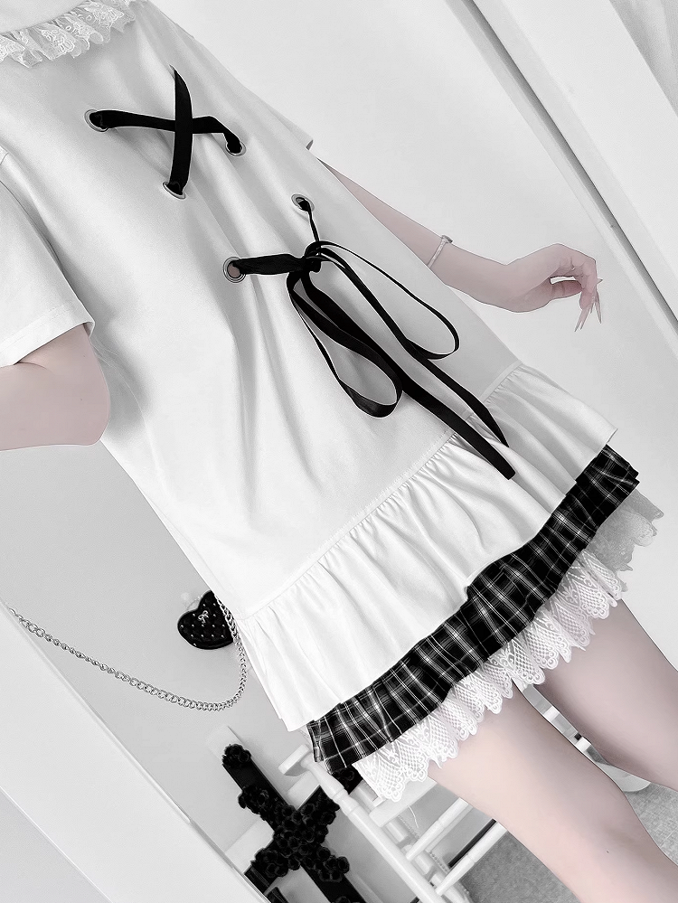 Anime Girl Print Peter Pan Collar Lace-up Details White Bittersweet Dress