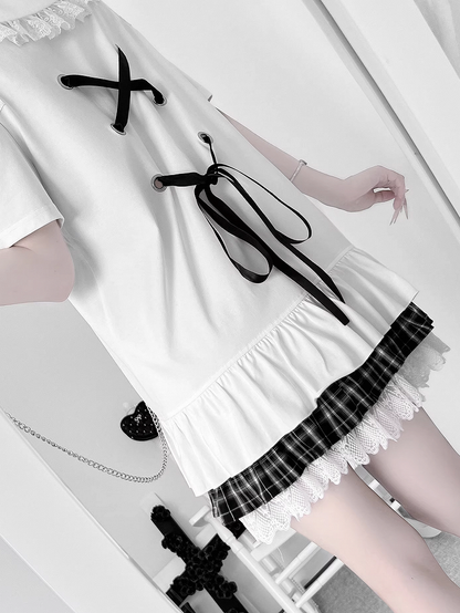 Anime Girl Print Peter Pan Collar Lace-up Details White Bittersweet Dress