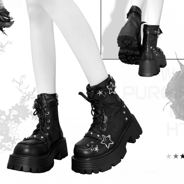 Black Star Buckle Straps Bat Wings Y2K Platform Ankle Boots