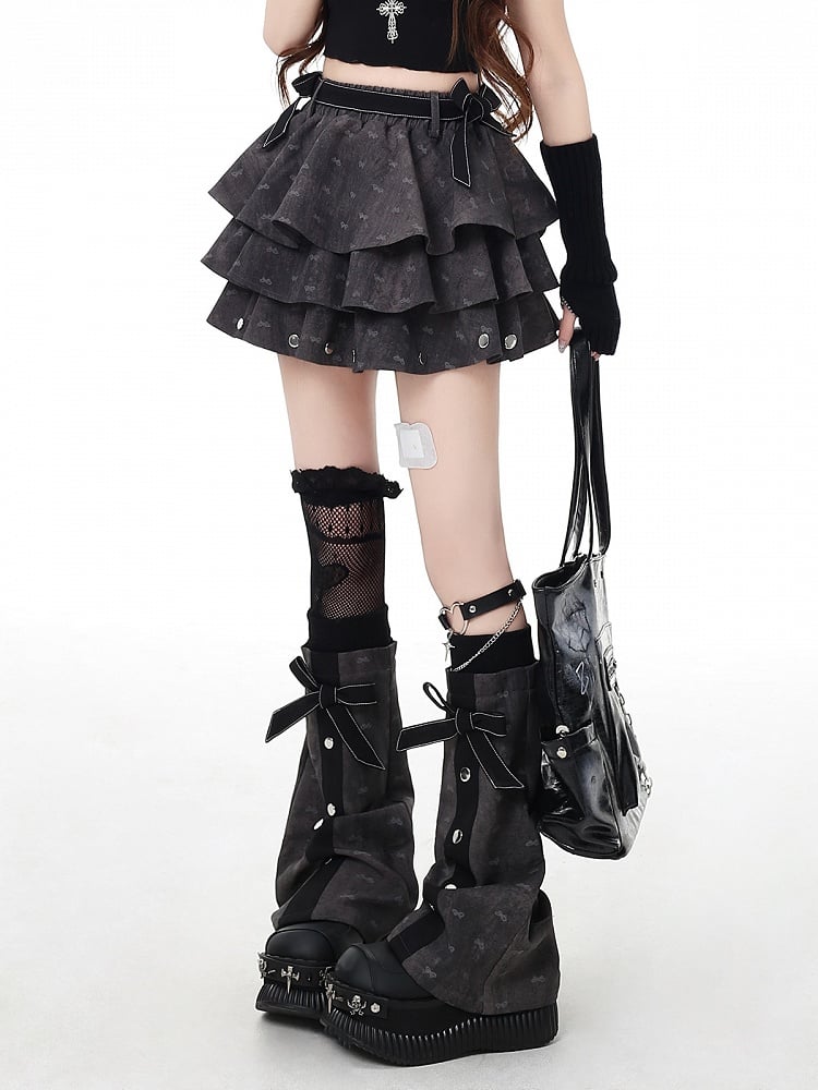 Dark Gray Bowknot Details Tiered Skirt with Free Flared Leg Warmers