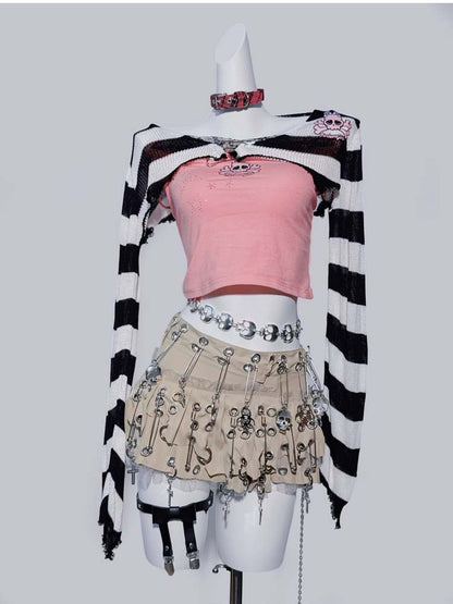 Punk Khaki Asymmetrical Hem Pin Skeleton Cross Design Skirt