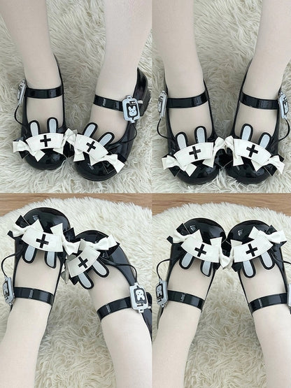 Sweet Black Lolita Mid-heel Shoes - PU Leather with Medical Bunny Motifs & Bowknot Details