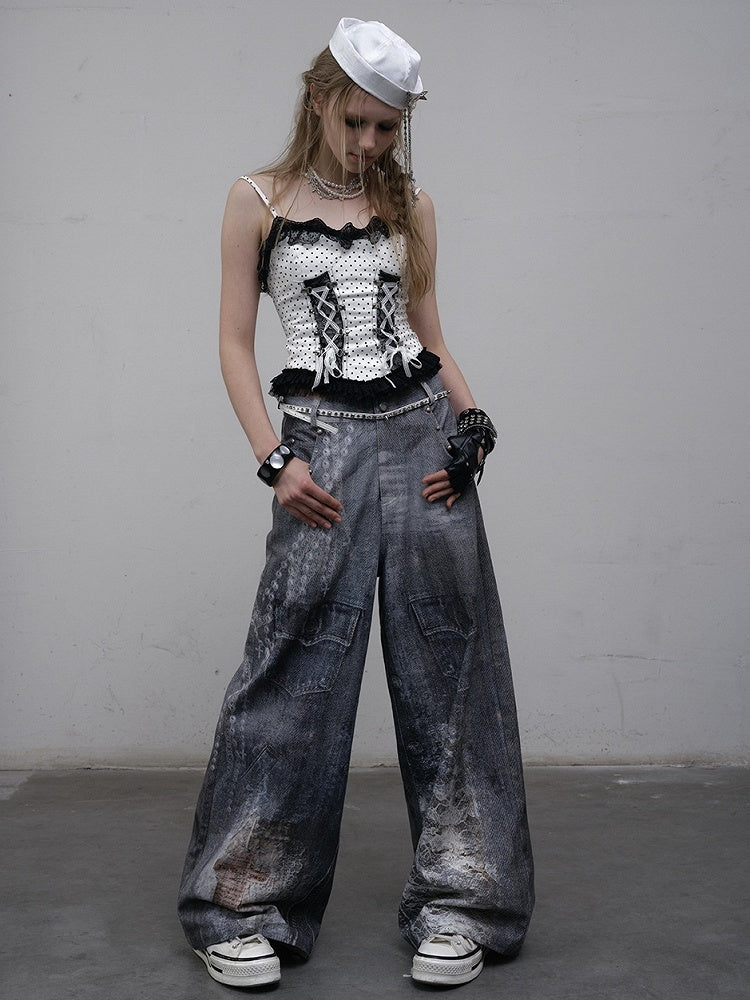 Blue Wasteland Punk Chain Print Lace Details Wide-leg Cut Jeans