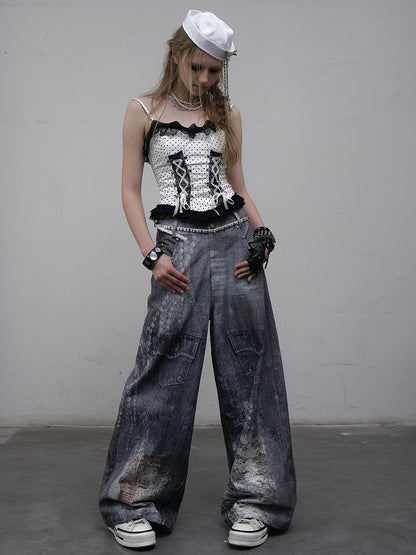 Blue Wasteland Punk Chain Print Lace Details Wide-leg Cut Jeans