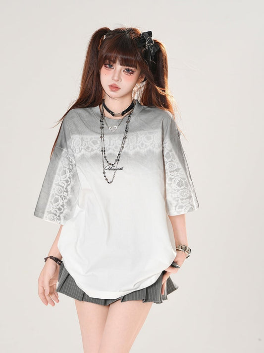 Gradient Black/White Round Neck Loose T-shirt