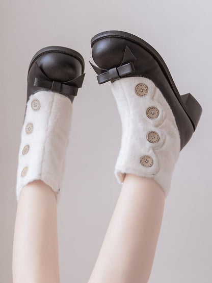 Fleece Lining with Button Embellishments & Functional Inner Zip Design 4cm/6cm Black & White Winter Boots in Elegant Lolita