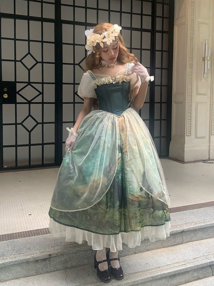 Dark Green & Apricot Basque Waist Forest Print Elegant Classic Lolita Dress with Overlay