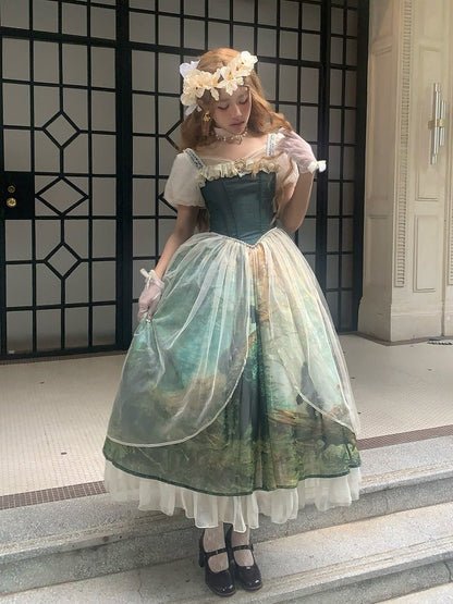 Dark Green & Apricot Basque Waist Forest Print Elegant Classic Lolita Dress with Overlay