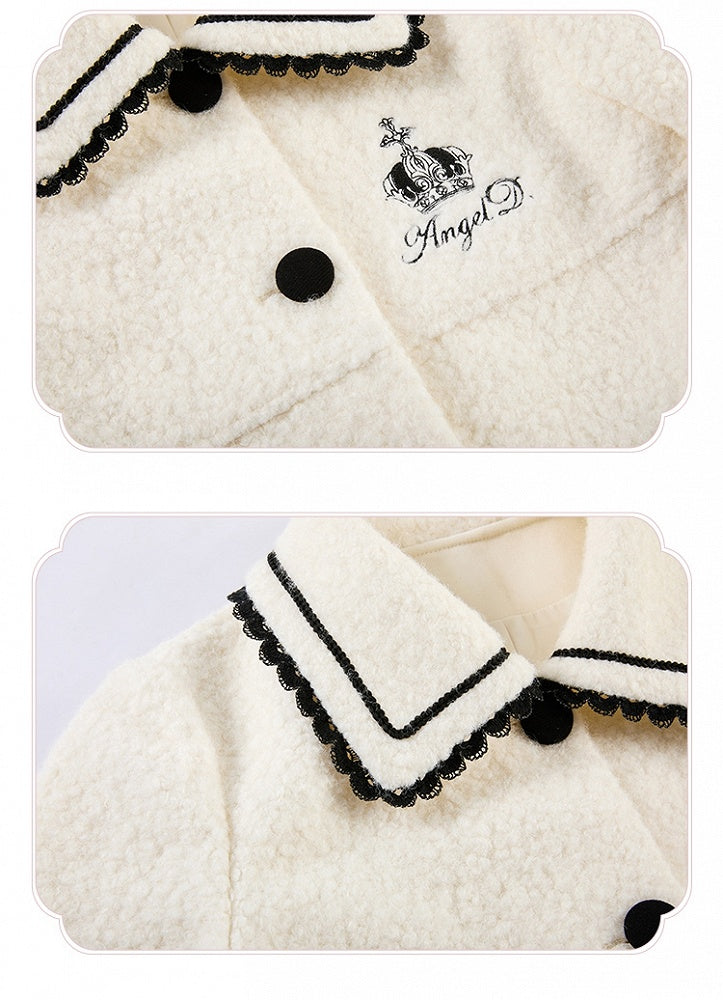 Heart-shaped Pockets White Woolen Coat with Black Embroidery Detail
