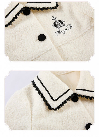 Heart-shaped Pockets White Woolen Coat with Black Embroidery Detail