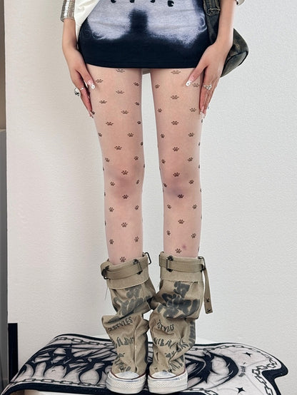 Nude Bitttersweet Cat Paw Print Tights