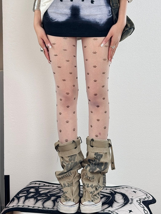 Nude Bitttersweet Cat Paw Print Tights