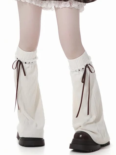 Brown Bowknot Accents White Knit Leg Warmers