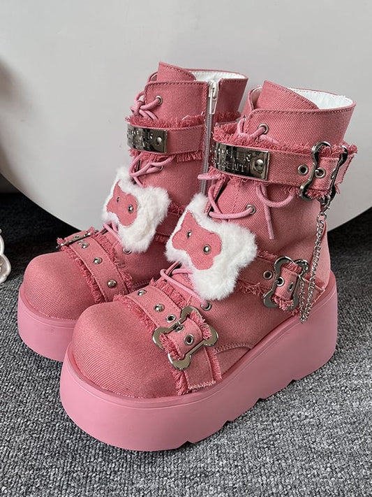 Buckle Straps Plush Bone Decorated Denim Pink Punk Platform Boots