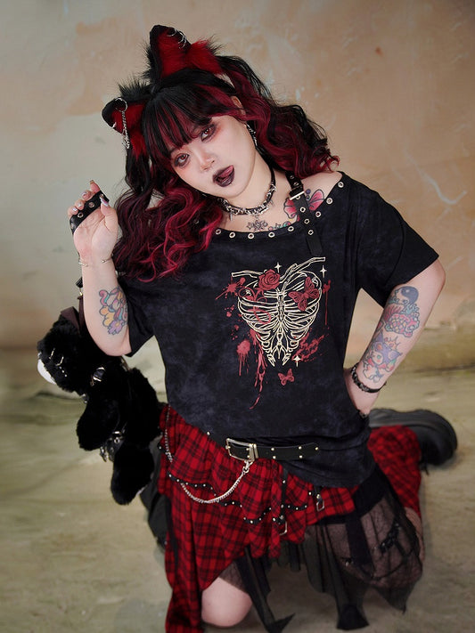 Plus Size Black Skeleton Print Punk T-shirt Buckle Shoulder Strap