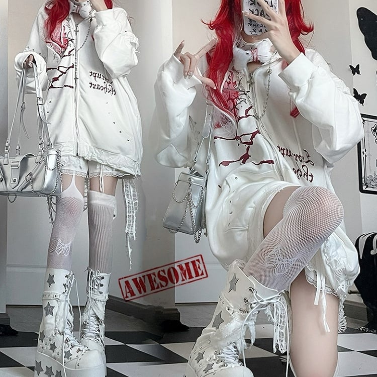 White Guro Kawaii Heart And Letter Print Studs Decorated Cat Ear Zip-up Hoodie