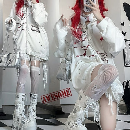 White Guro Kawaii Heart And Letter Print Studs Decorated Cat Ear Zip-up Hoodie