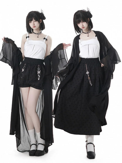 Black Elastic Waist Cheongsam Style Polka-dot Skirt with Tassel Charm