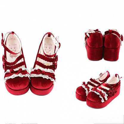 Lace Trim Bowknot at Top Velvet Wine Red Buckle Straps Platforms