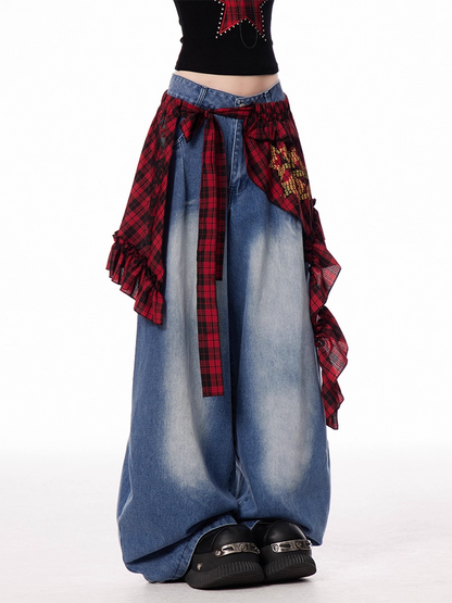 Blue Low Rise Faded Wash Vintage Wide-leg Jeans with Red Plaid Waist Accessory