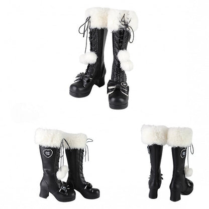 Sweet Black Lolita Boots - PU Heeled Design with Plush Collar, Bow Details & Pompom Accents