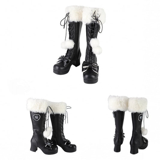 Sweet Black Lolita Boots - PU Heeled Design with Plush Collar, Bow Details & Pompom Accents