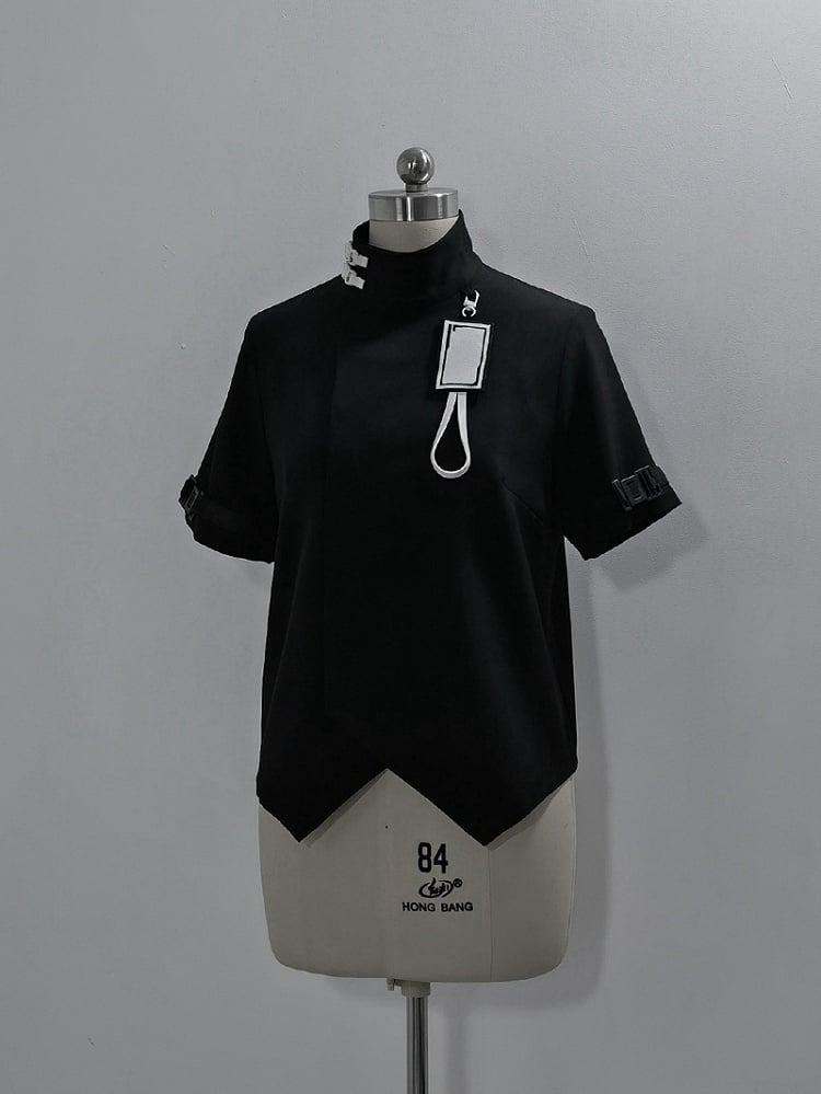 Black Ouji Fashion Futuristic Techwear High Neck Short Sleeves Top