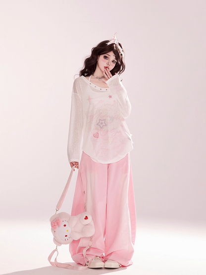 Lace-up Neckline Star Print Blue/White Semi-sheer Coverup