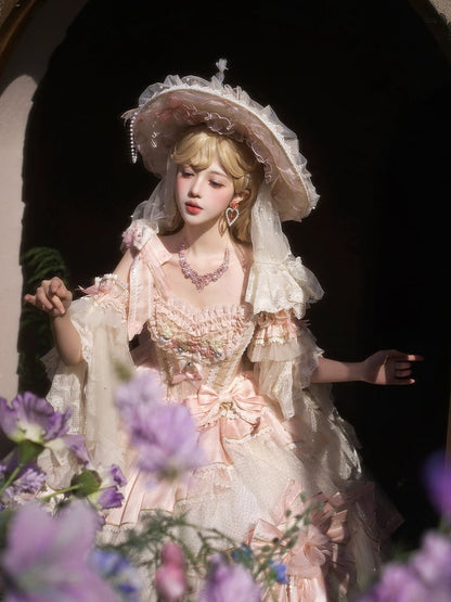 Clearance-Size S for Bust 80CM Pink Corset Bodice Hanayome Hime Lolita Floral Embroidery Layered Floor Length Dress Long Version