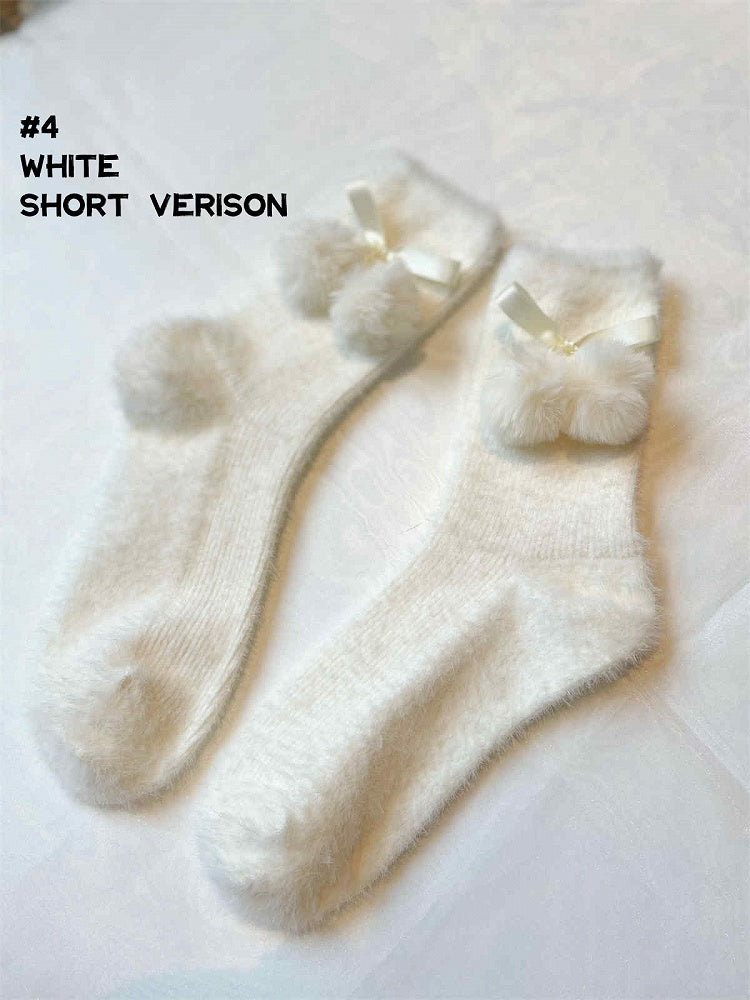 6 Options Red/White Bow Pompons Ankle/Calf Socks