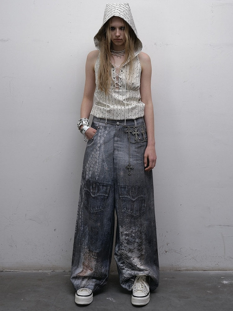 White Striped Pattern Star Print Lace-up Detail Hoodie Sleeveless Top