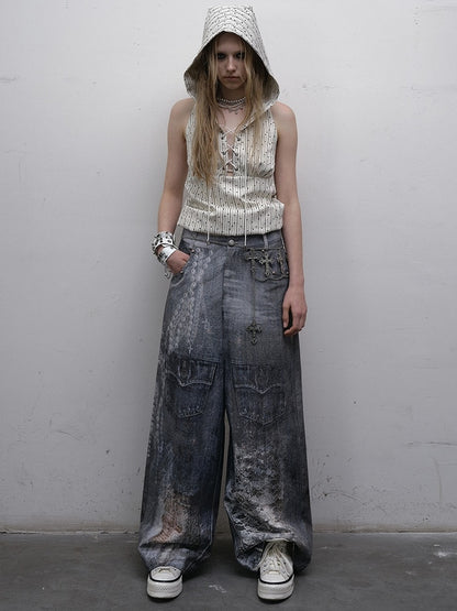 White Striped Pattern Star Print Lace-up Detail Hoodie Sleeveless Top