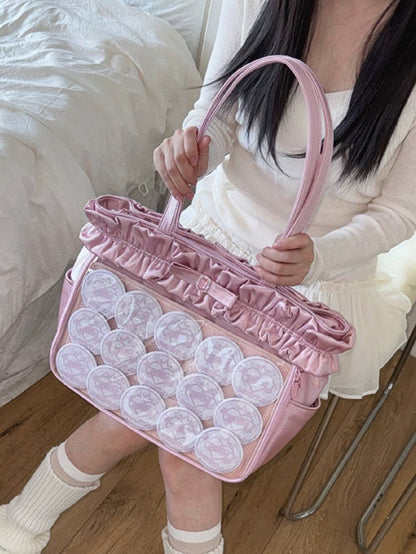 Light Pink Ruffle Trim Rhinestone Bowknot Large Volume Ita Tote Bag