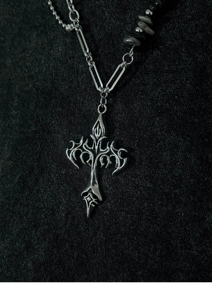 Silver Flame Cross Pendant Necklace with Asymmetric Chain