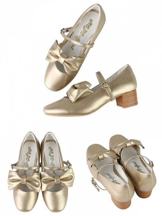 Mid-heel Golden Mary Janes with Mid-heel - Bow at Top & Heart Buckle