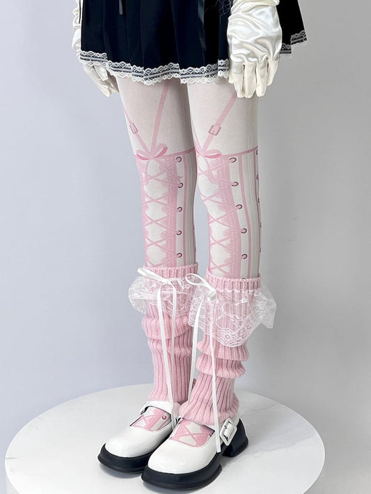 White Sweet Lolita Lace-up Print Tights