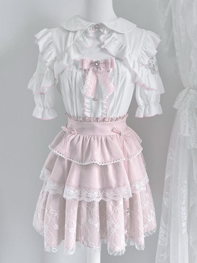 White Peter Pan Collar Cutout Shoulder Blouse+ Pink Tiered Skirt+ Bowknot Jirai Kei Set