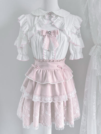 White Peter Pan Collar Cutout Shoulder Blouse+ Pink Tiered Skirt+ Bowknot Jirai Kei Set