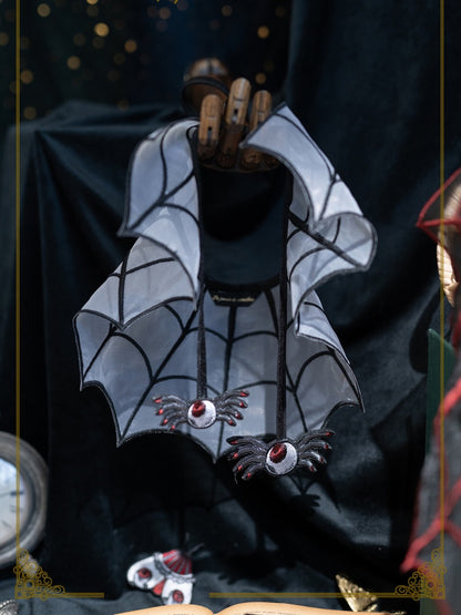 White and Black Spider Web Embroidery Organza Fake Collar with Detachable Butterfly and Moth Brooch