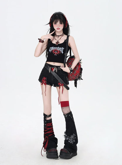 Black and Red Lace-up Details Hem Denim Shorts with Butterfly Applique Leg Warmers