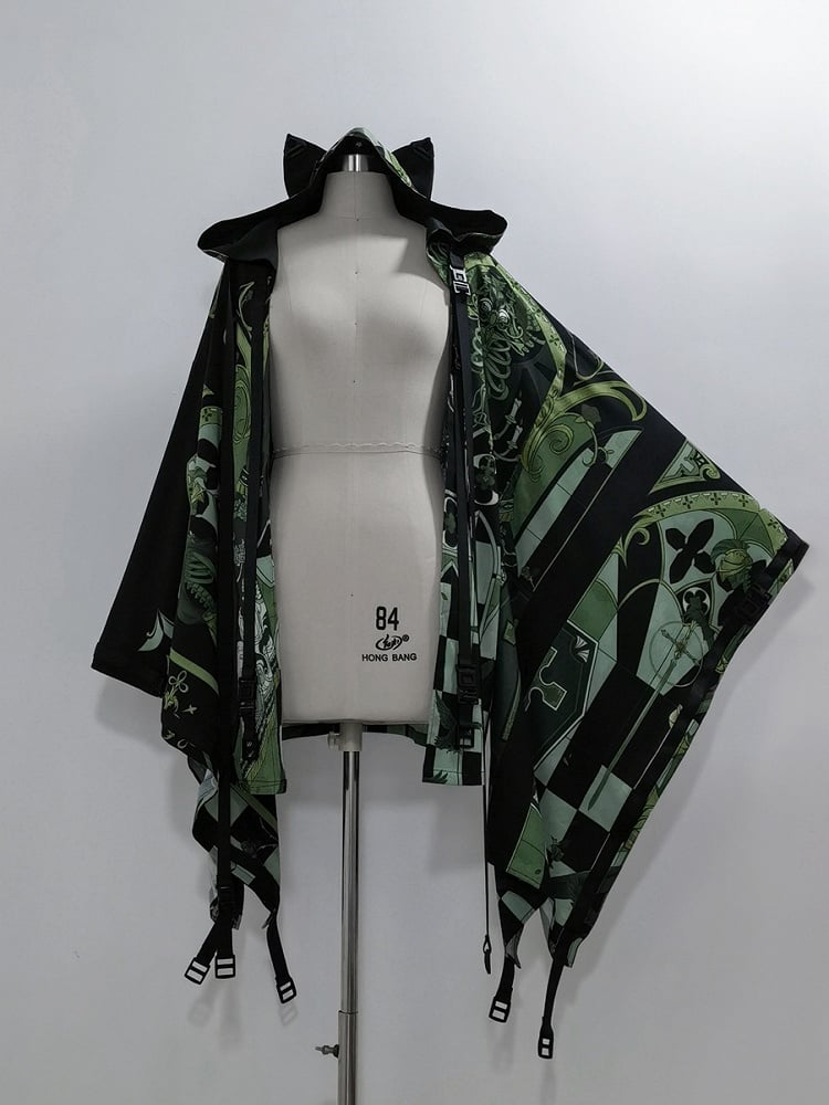 Green Cyberpunk Techwear Ouji Fashion Cat Ears Hooded Top Buckle Strappy Details