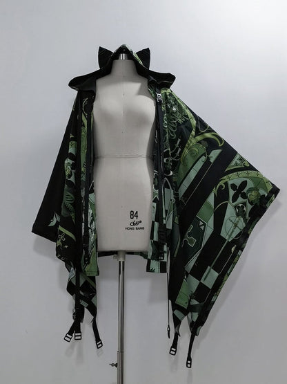 Green Cyberpunk Techwear Ouji Fashion Cat Ears Hooded Top Buckle Strappy Details