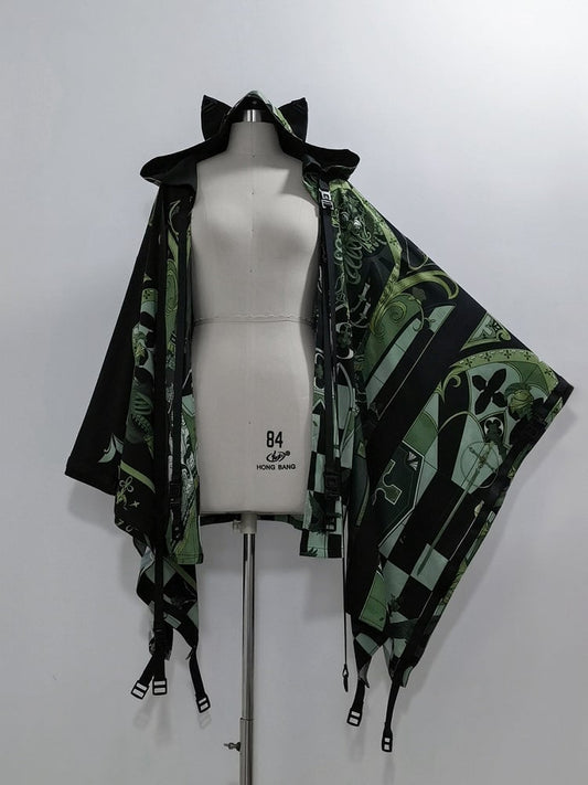 Green Cyberpunk Techwear Ouji Fashion Cat Ears Hooded Top Buckle Strappy Details