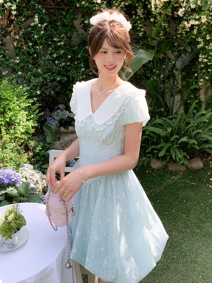 Blue Peter Pan Collar Basque Waist Allover Butterfly Embroidery Dress Bubble Skirt