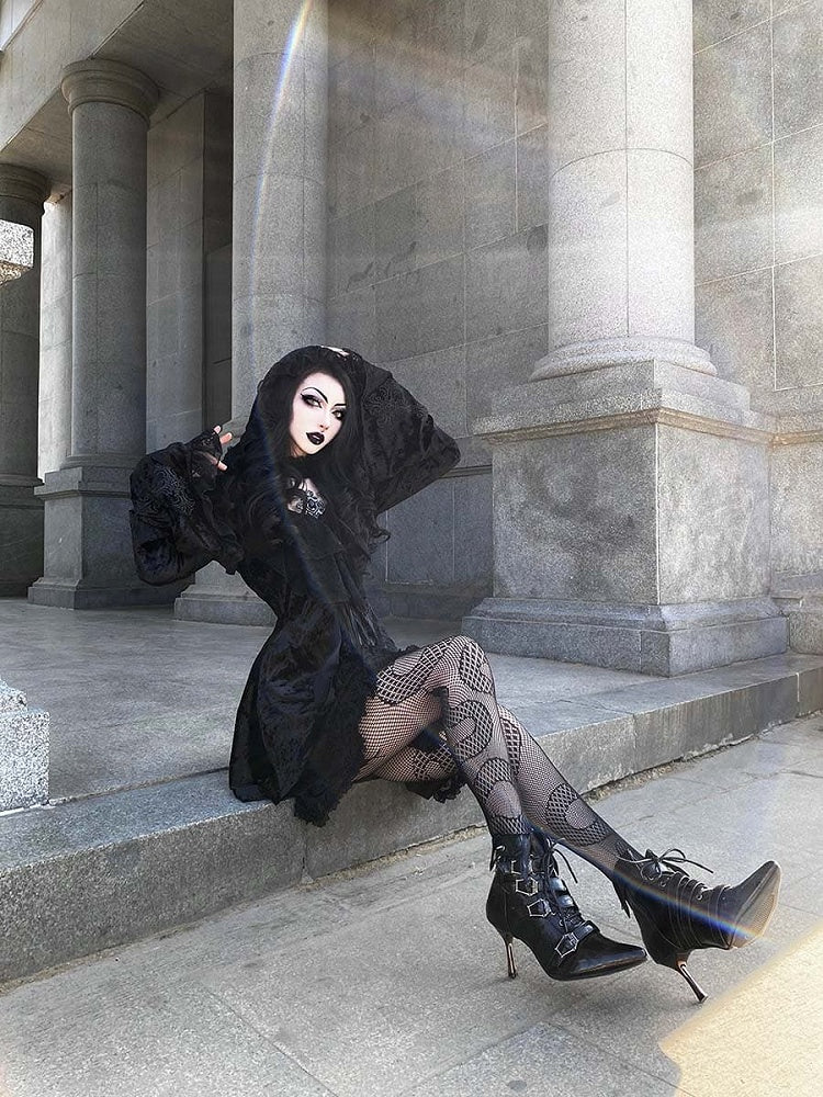 Coffin-shaped Buckle Straps Polished Black Gothic Lolita High Heels