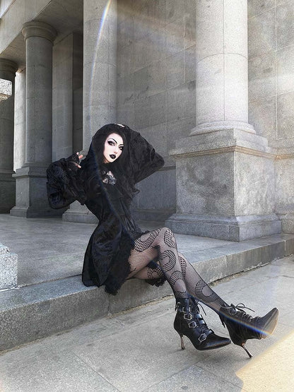 Coffin-shaped Buckle Straps Polished Black Gothic Lolita High Heels