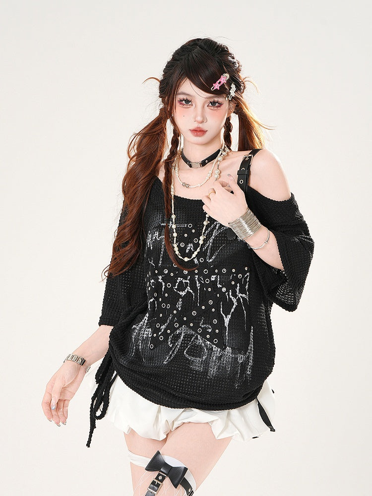 Asymmetrical Neckline Star-shaped Straps Black/White Waffle T-shirt